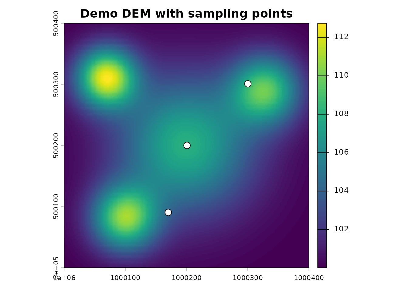 DEM with three sampling points overlaid